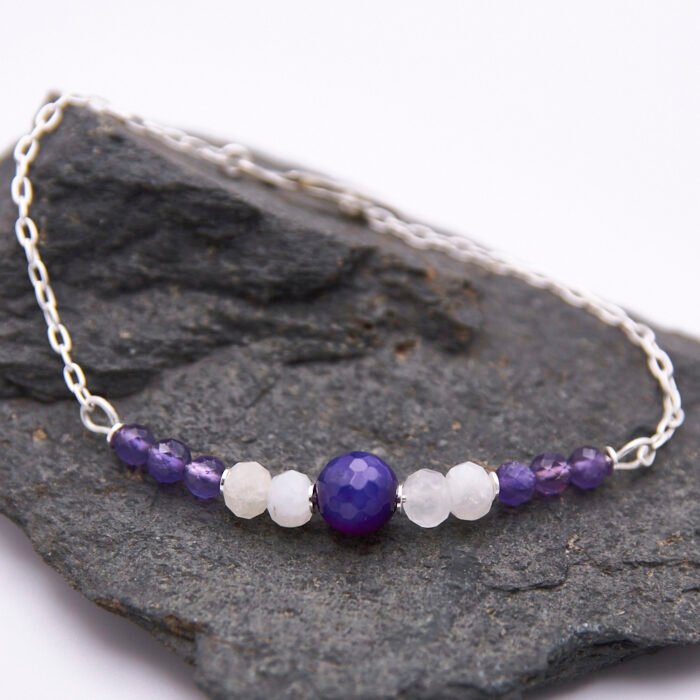 Amethyst, Moonstone and Purple Banded Agate Sterling Silver Bracelet