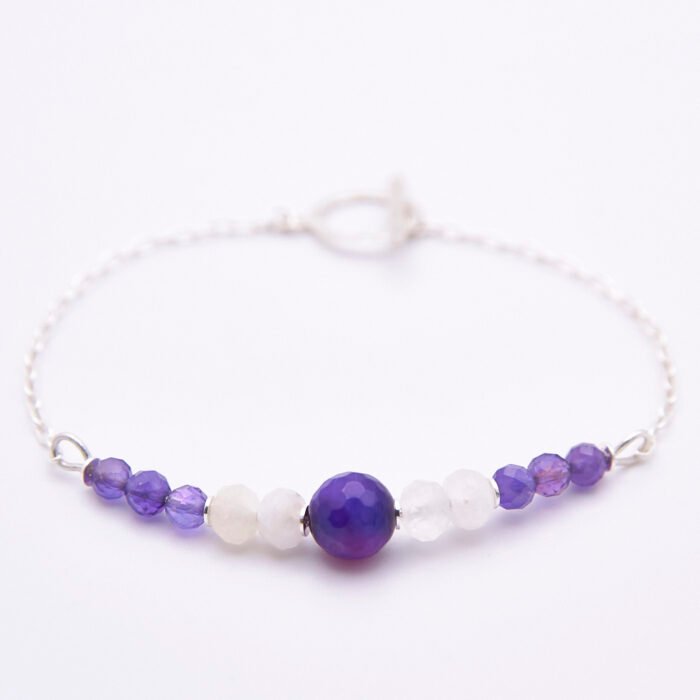 Amethyst, Moonstone and Purple Banded Agate Sterling Silver Bracelet