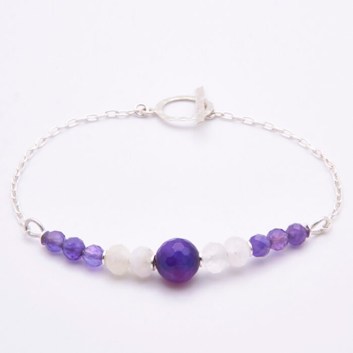 Amethyst, Moonstone and Purple Banded Agate Sterling Silver Bracelet