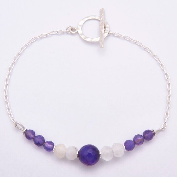 Amethyst, Moonstone and Purple Banded Agate Sterling Silver Bracelet