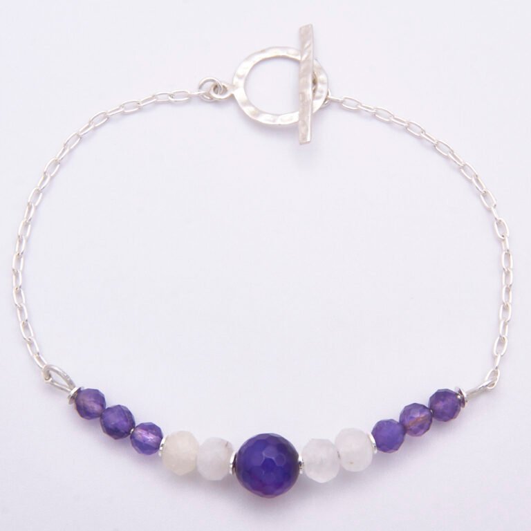 Amethyst, Moonstone and Purple Banded Agate Sterling Silver Bracelet