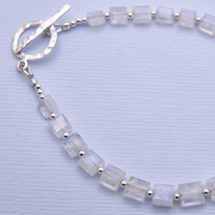 close up of Rainbow Moonstone Faceted Rectangle Bead Bracelet