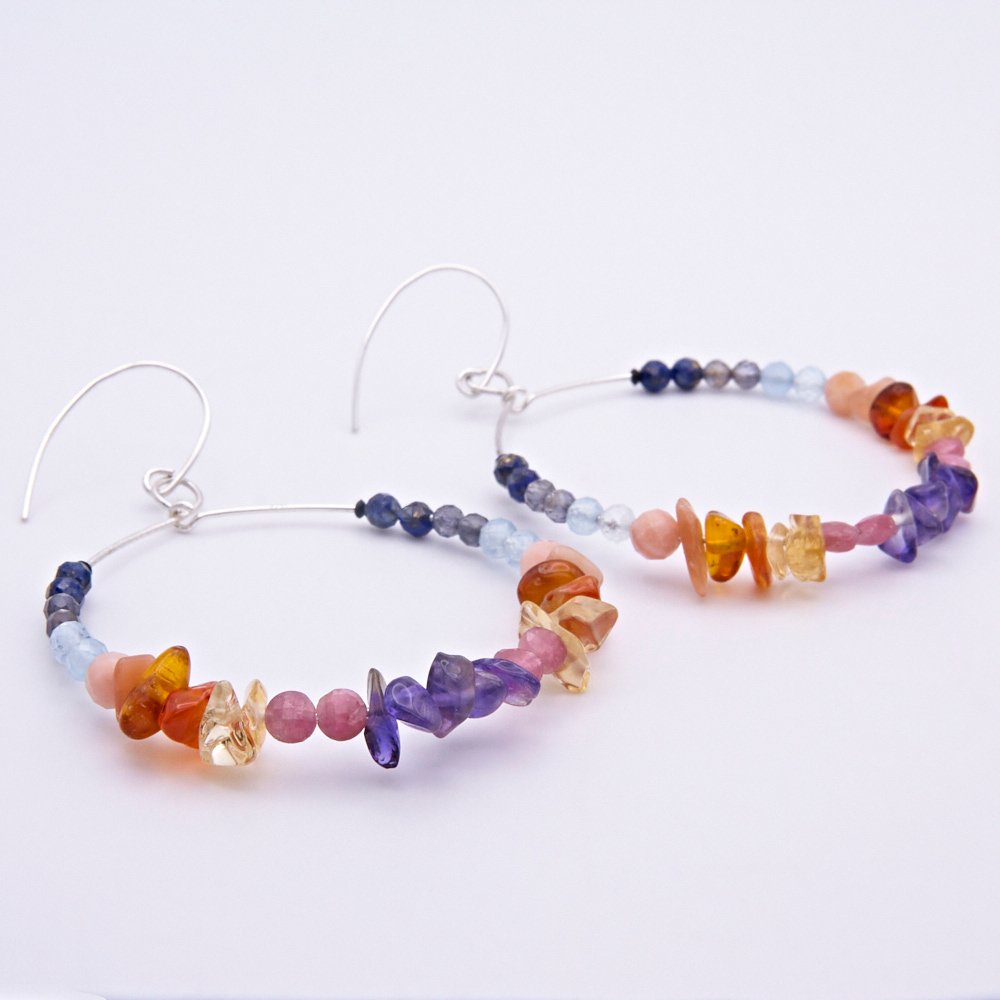Mixed gemstone sunset colours sterling silver large hoop earrings