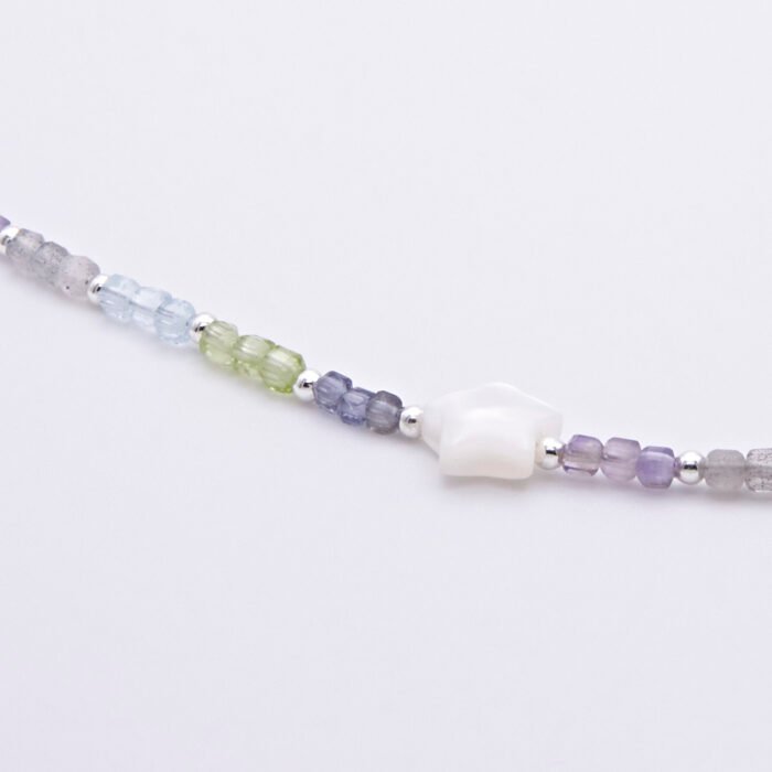 Mixed Gemstone and Mother of Pearl Star Sterling Silver Necklace close up