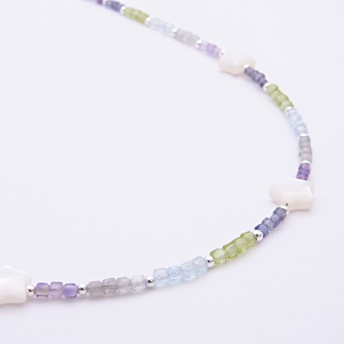 Mixed Gemstone and Mother of Pearl Star Sterling Silver Necklace close up