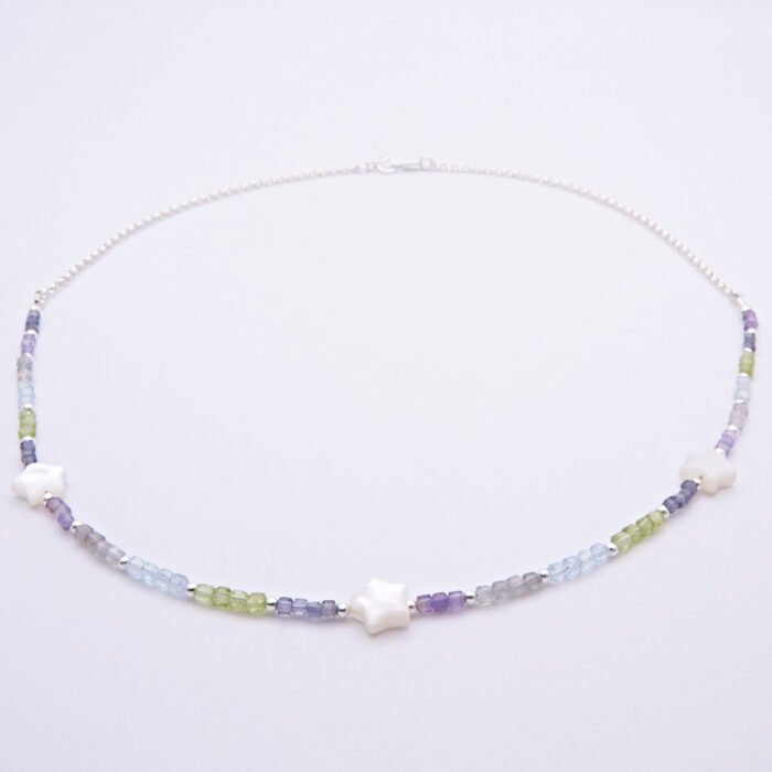Mixed Gemstone and Mother of Pearl Star Sterling Silver Necklace