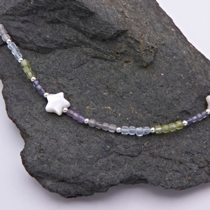 Mixed Gemstone and Mother of Pearl Star Sterling Silver Necklace Close Up