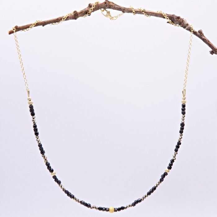 Black Spinel and Pyrite Gold Vermeil Necklace Hanging Black Spinel and Pyrite Gold Vermeil Necklace Hanging