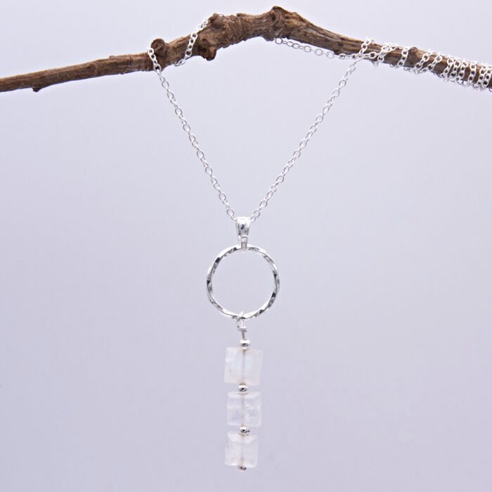 Rainbow Moonstone Trio Pendant Necklace Hanging