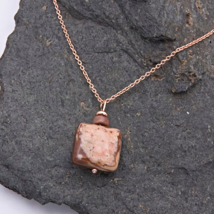 Zebra Jasper and Rhodonite Rose Gold Pendant Necklace close up (showing other side of stone)