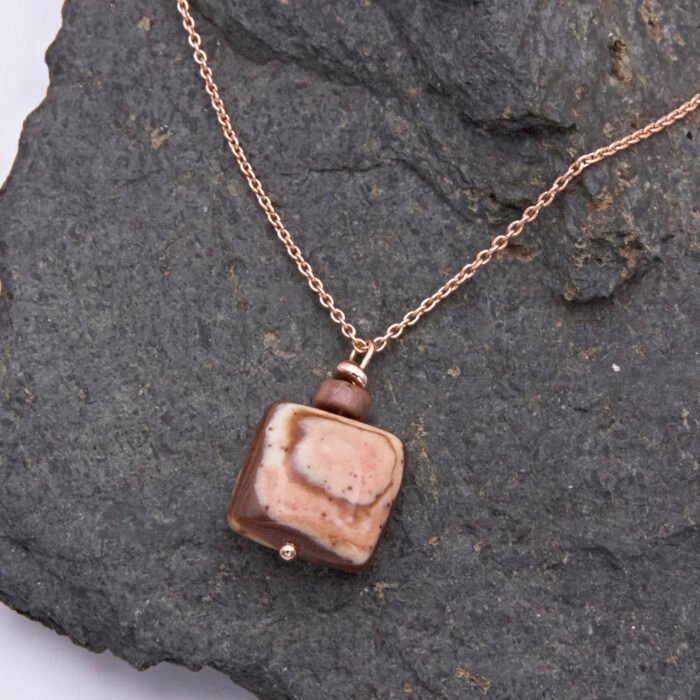 Zebra Jasper and Rhodonite Rose Gold Pendant Necklace close up
