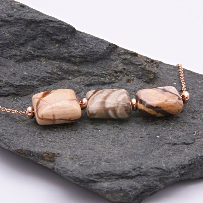 Zebra Jasper 3-Stone Rose Gold Necklace Close Up Zebra Jasper 3-Stone Rose Gold Necklace Close Up