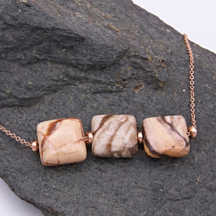 Zebra Jasper 3-Stone Rose Gold Necklace Close Up Zebra Jasper 3-Stone Rose Gold Necklace Close Up
