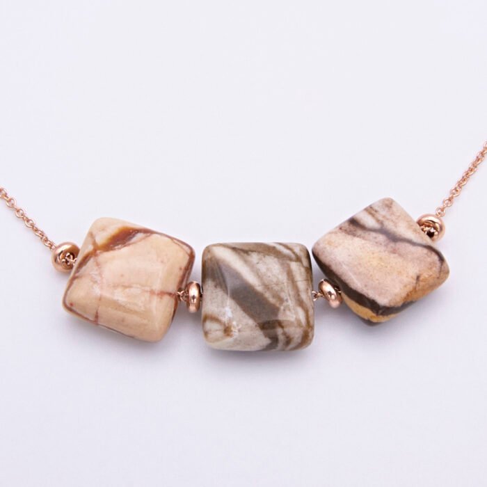 Zebra Jasper 3-Stone Rose Gold Necklace Close Up Zebra Jasper 3-Stone Rose Gold Necklace Close Up
