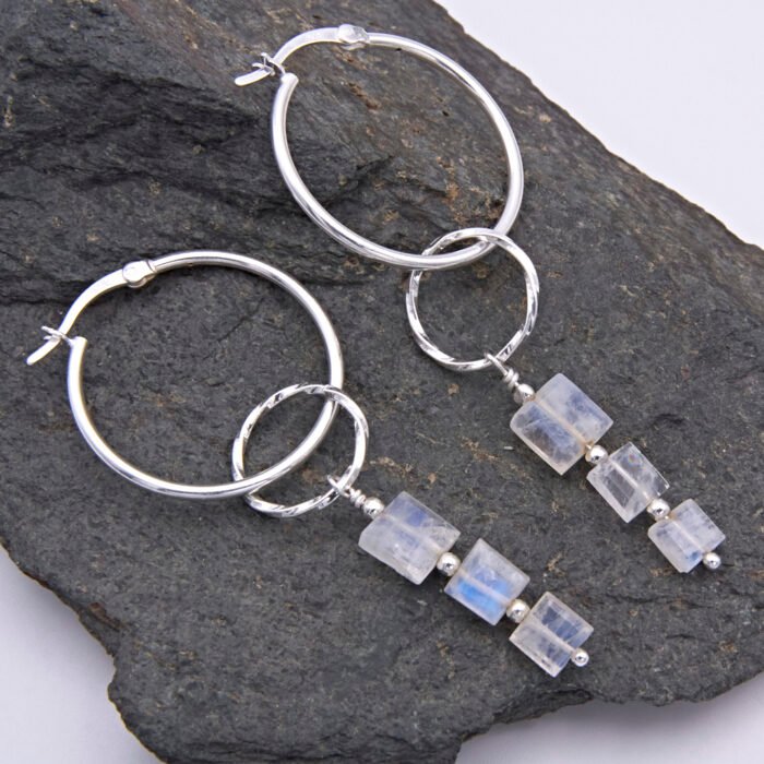 Rainbow Moonstone Trio Sterling Silver Hinged Hoop Earrings Rainbow Moonstone Trio Sterling Silver Hinged Hoop Earrings