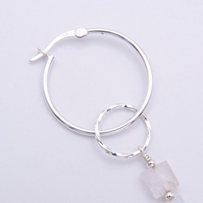 Rainbow Moonstone Trio Sterling Silver Hinged Hoop Earrings Close Up Rainbow Moonstone Trio Sterling Silver Hinged Hoop Earrings Close Up