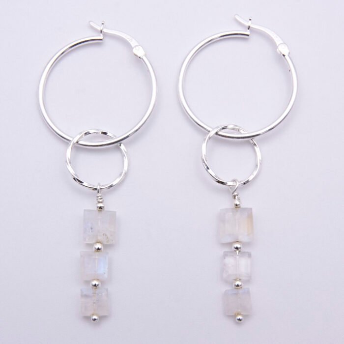 Rainbow Moonstone Trio Sterling Silver Hinged Hoop Earrings Rainbow Moonstone Trio Sterling Silver Hinged Hoop Earrings