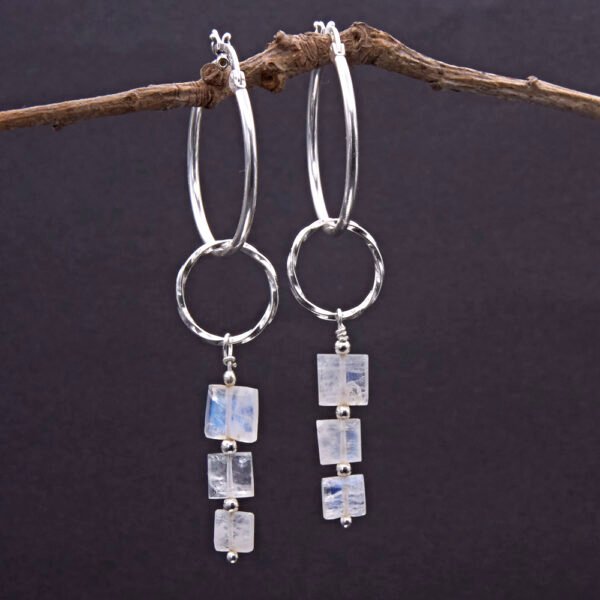 Rainbow Moonstone Trio Sterling Silver Hinged Hoop Earrings
