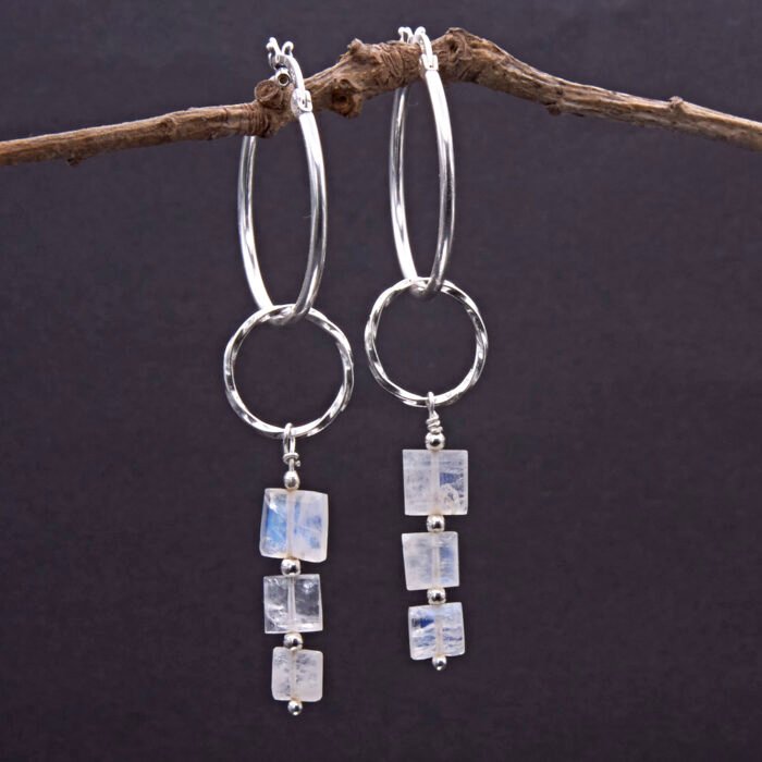 Rainbow Moonstone Trio Sterling Silver Hinged Hoop Earrings Rainbow Moonstone Trio Sterling Silver Hinged Hoop Earrings
