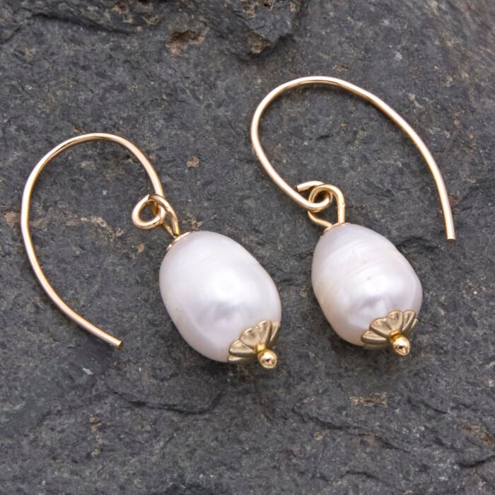 Rustic Freshwater Pearl Drop Earrings in Gold