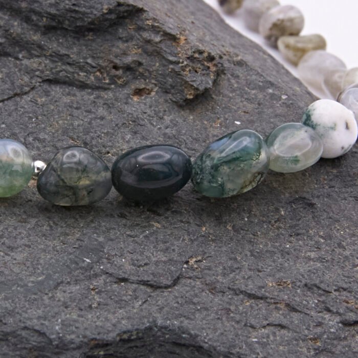 Close up of Labradorite and Moss Agate Necklace