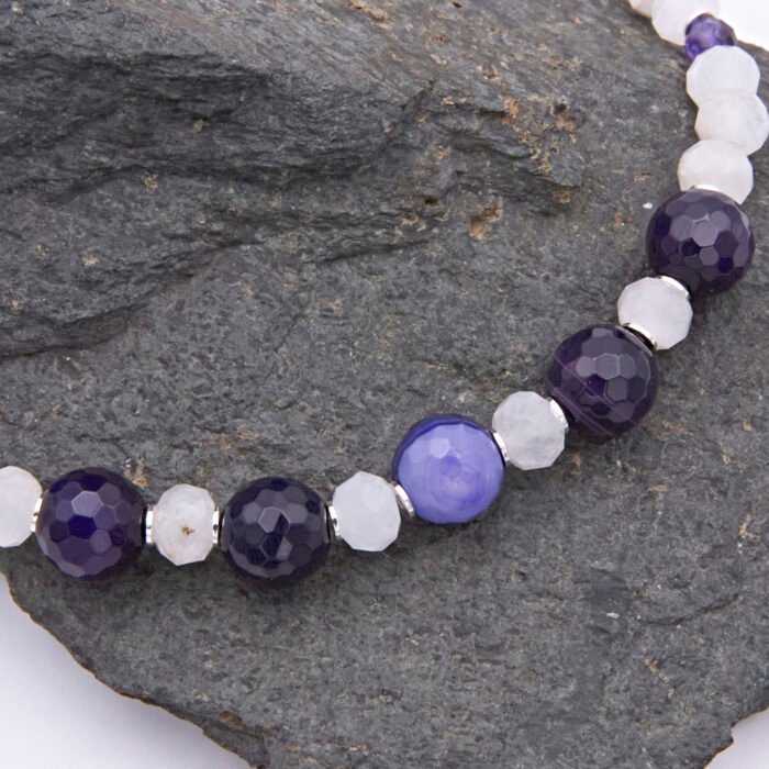 Close up of Amethyst, Purple Banded Agate and Moonstone Necklace