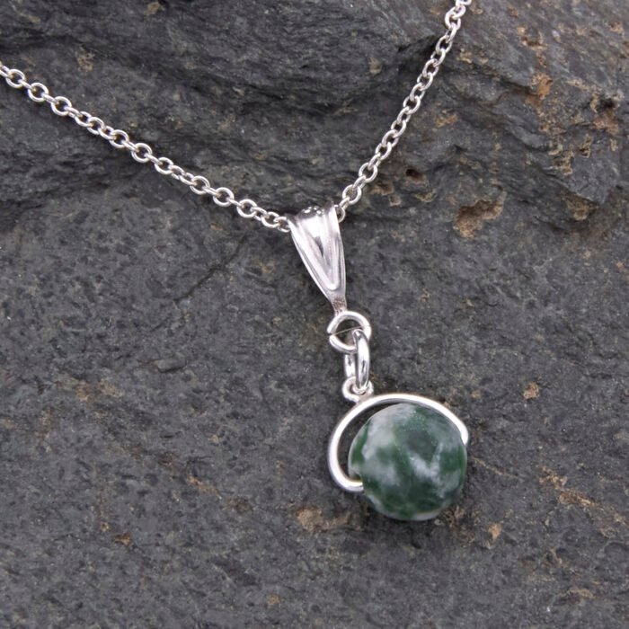Green Spot Jasper Bead Pendant Necklace Close Up on stone