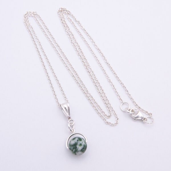 Green Spot Jasper Bead Pendant Necklace laid flat on white surface