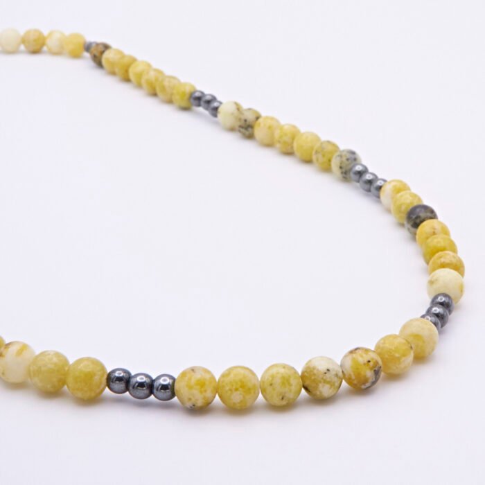 Yellow Turquoise and Hematite Bead Necklace close up of beads