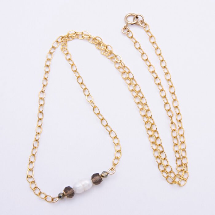 Smoky Quartz, Pyrite and Freshwater Pearl Bar Necklace