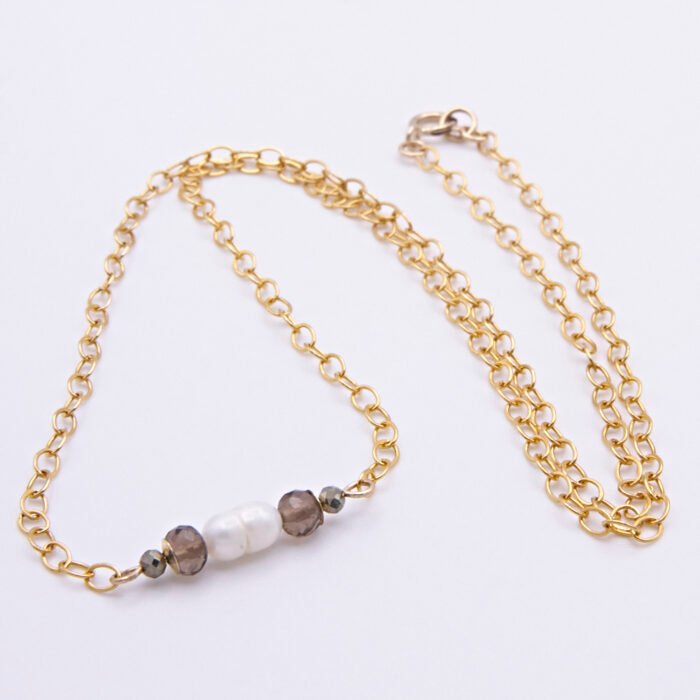 Smoky Quartz, Pyrite and Freshwater Pearl Bar Necklace