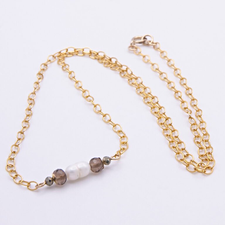 Smoky Quartz, Pyrite and Freshwater Pearl Bar Necklace