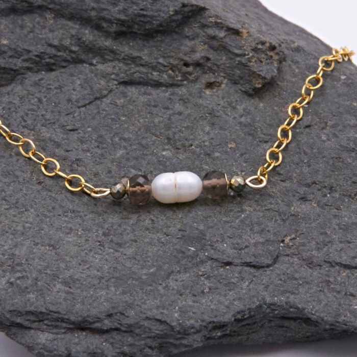 Smoky Quartz, Pyrite and Freshwater Pearl Bar Necklace Close Up