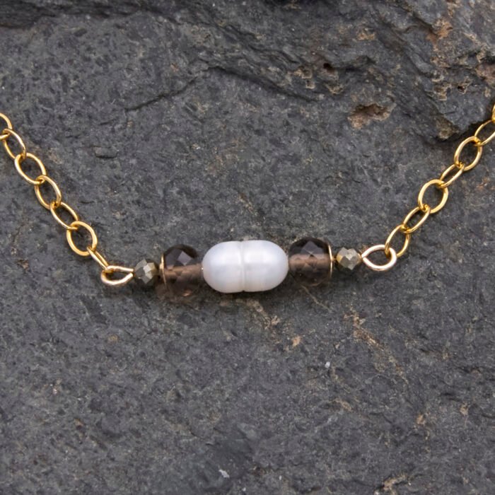 Smoky Quartz, Pyrite and Freshwater Pearl Bar Necklace Close Up