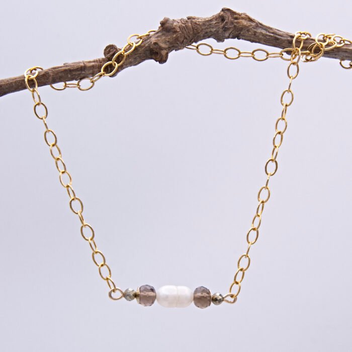 Smoky Quartz, Pyrite and Freshwater Pearl Bar Necklace Hanging