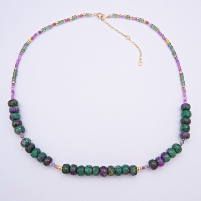Ruby, Green Apatite and Ruby Zoisite Necklace top down view