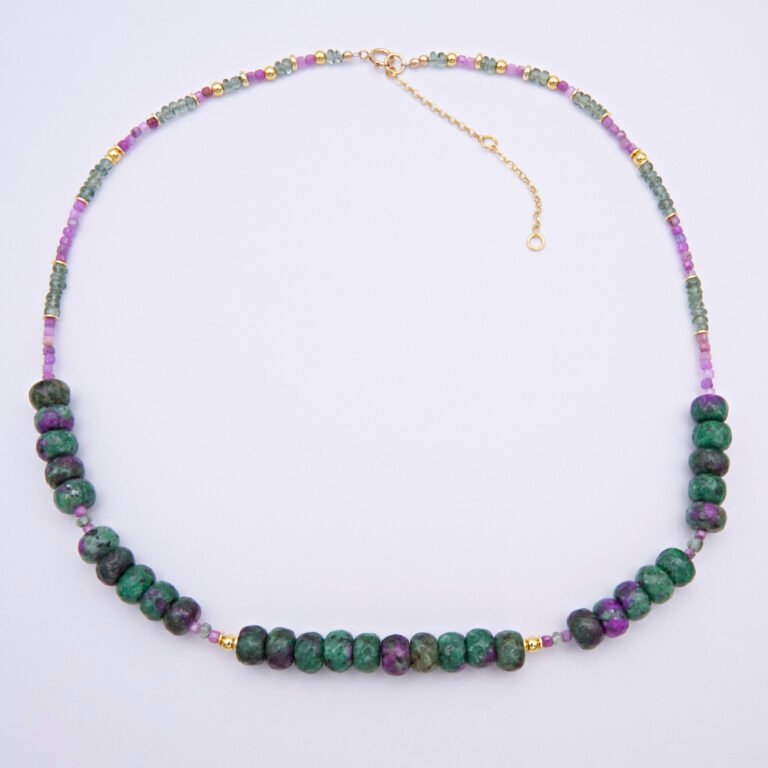 Ruby, Green Apatite and Ruby Zoisite Necklace top down view