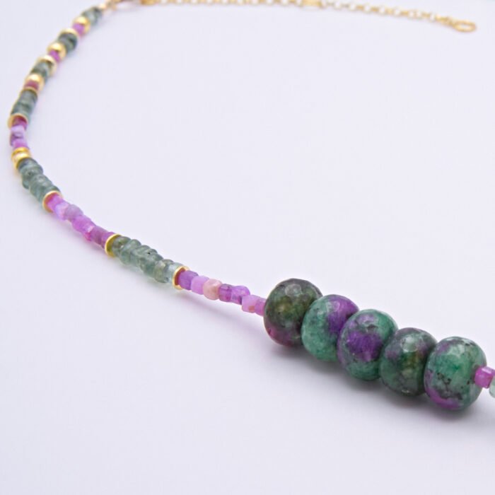 Ruby, Green Apatite and Ruby Zoisite Necklace close up