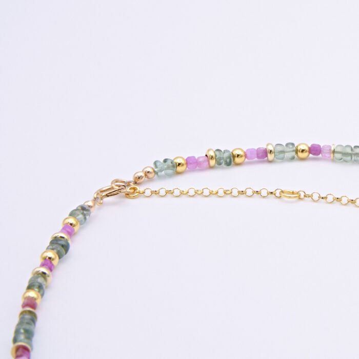 Ruby, Green Apatite and Ruby Zoisite Necklace close up of Ruby and Green Apatite beads at clasp end of necklace