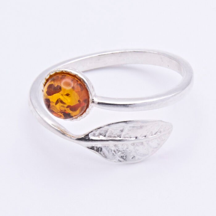 Amber and Sterling Silver Leaf Adjustable Ring