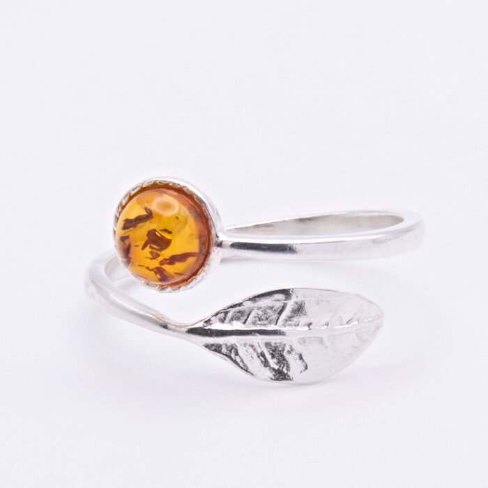 Amber and Sterling Silver Leaf Adjustable Ring