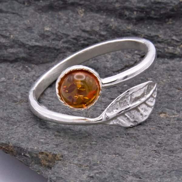 Amber and Sterling Silver Leaf Adjustable Ring