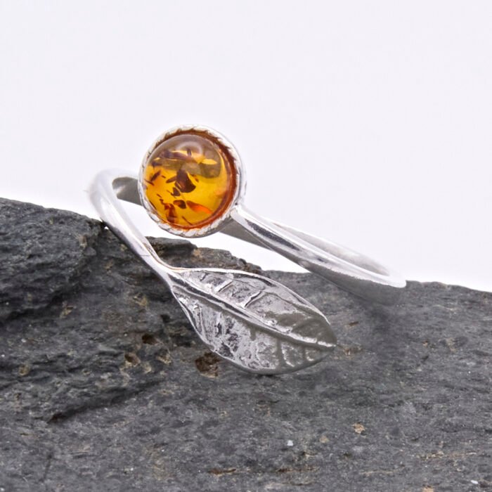 Amber and Sterling Silver Leaf Adjustable Ring