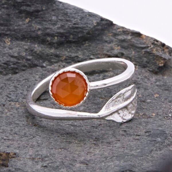 Carnelian and Leaf Adjustable Sterling Silver Ring