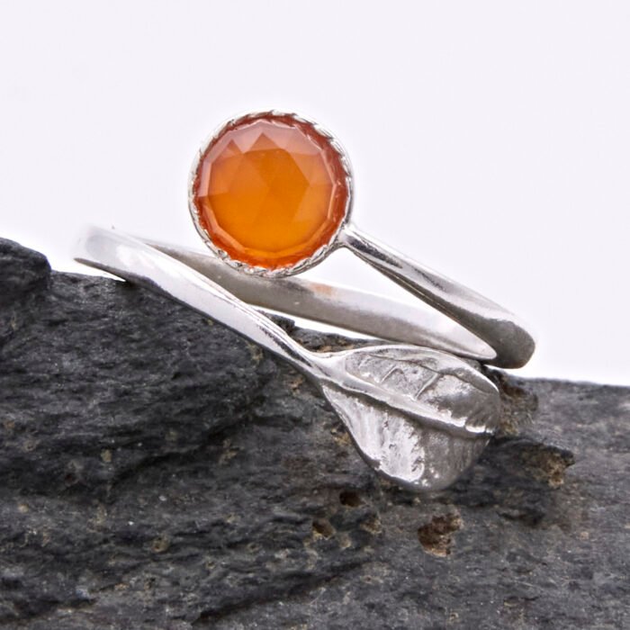 Carnelian and Leaf Adjustable Sterling Silver Ring