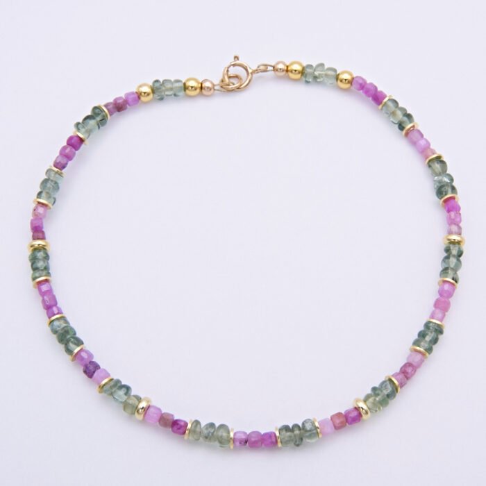 Ruby and Green Apatite Bracelet top down view on flat white surface