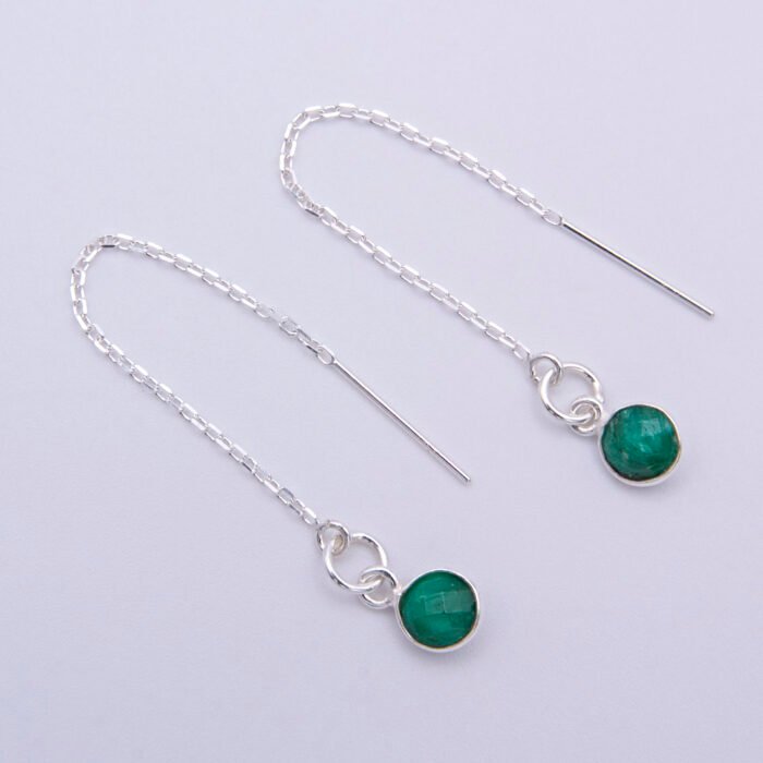 Emerald Sterling Silver Threader Earrings shown lying flat on a white background