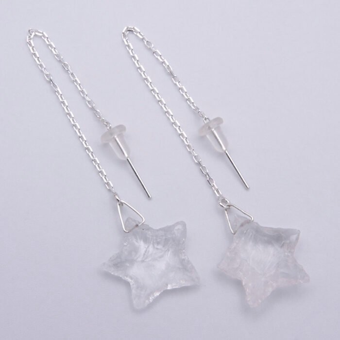 Crystal Quartz Rough Cut Chunky Star Sterling Silver Threaders shown from above on plain white surface
