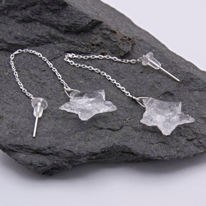 Crystal Quartz Rough Cut Chunky Star Sterling Silver Threaders shown from more of a side on view on dark grey stone