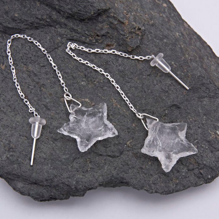 Crystal Quartz Rough Cut Chunky Star Threaders shown from above on dark grey stone